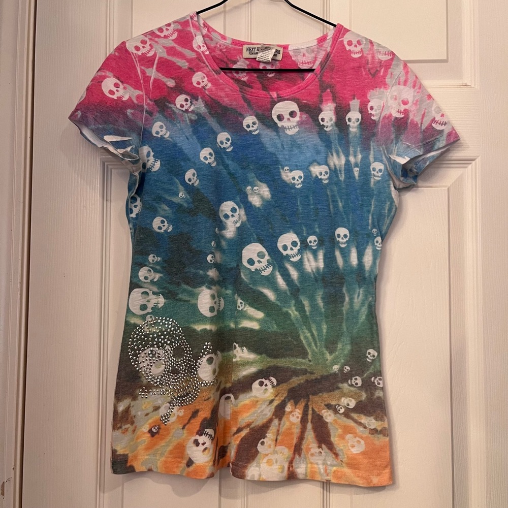 Rainbow Tie Dye Skull Goth Punk Grunge Print Rhinestone T-Shirt Women's XL